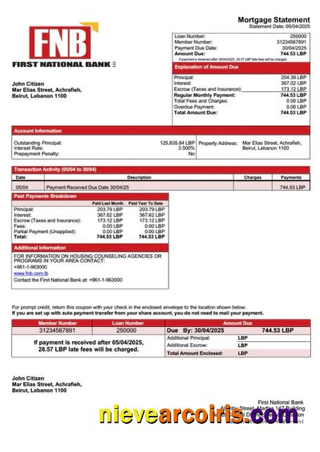 Lebanon First National Bank mortgage statement Word and PDF template